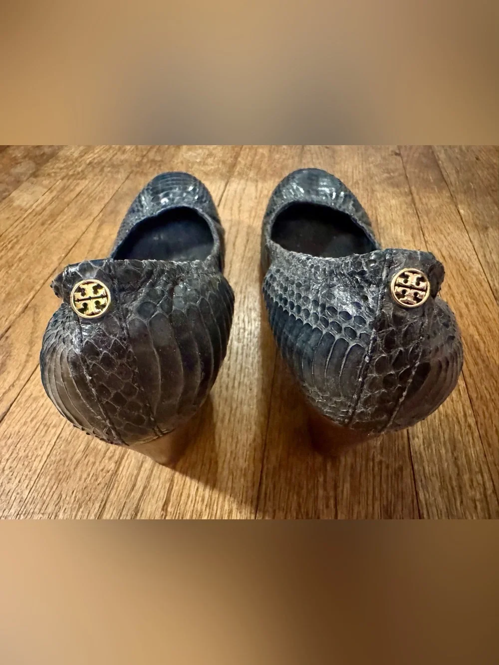 Tory Burch Dark Navy Snake-Embossed Leather Wedges